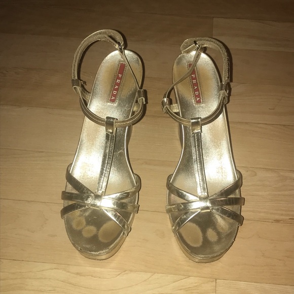 Gold Prada 4" Wedge Sandals - Picture 1 of 9